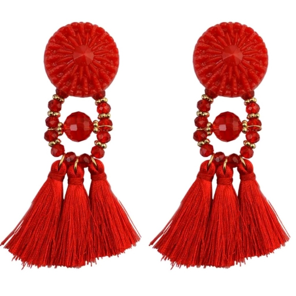 Red Boho Beaded Tassel Drop Earrings - Picture 2 of 6